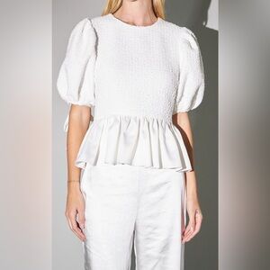 English Factory White Textured Puff Sleeve Blouse